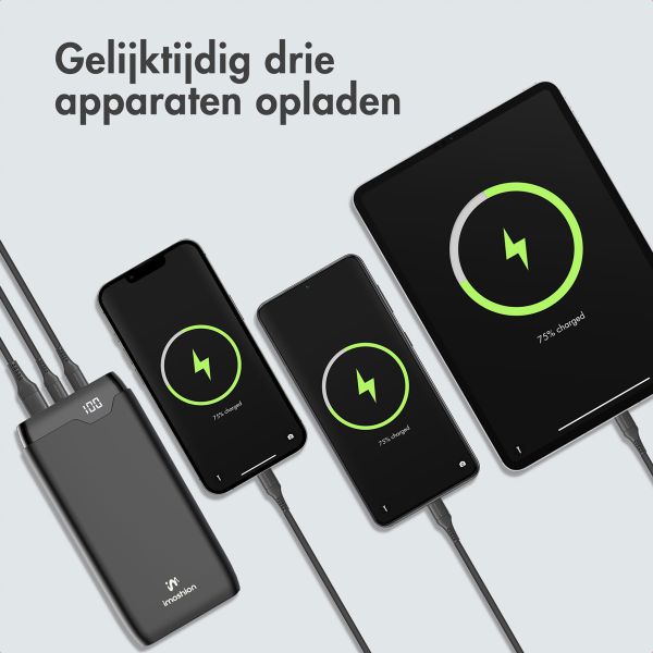imoshion Powerbank 27.000 mAh + Accezz Ultra Slim GaN Oplader + Accezz USB-C naar USB-C kabel - 1 meter - Zwart