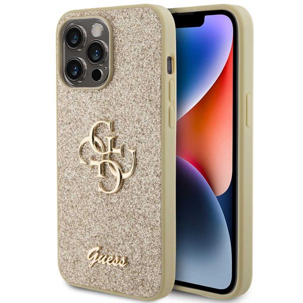 Guess 4G Metal Logo Glitter Backcover iPhone 15 Pro Max - Goud