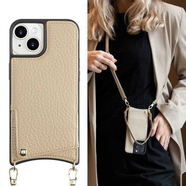 Selencia Nova Backcover met koord en pashouder iPhone 15 - Beige