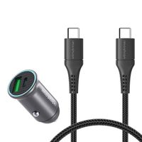 imoshion Mini autolader 2 poorten - Quick Charge - Power Delivery - 60 Watt + Braided USB-C naar USB-C kabel - 1 meter - Zwart
