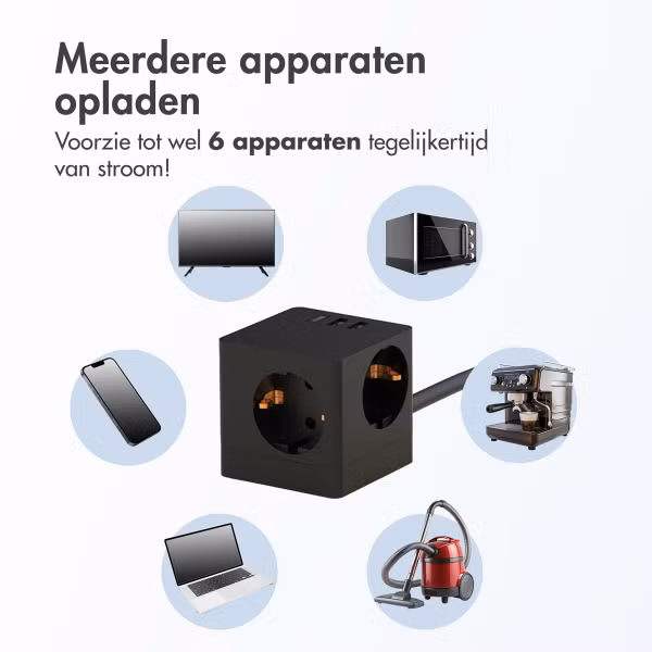 Accezz PowerCube Strip | 6-in-1 - 1x USB-C + 2x USB-A + 3x stopcontact - 4000 watt - Zwart