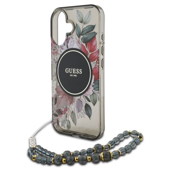 Guess MagSafe IML Flowers Case met beads strap Apple iPhone 16 - Zwart