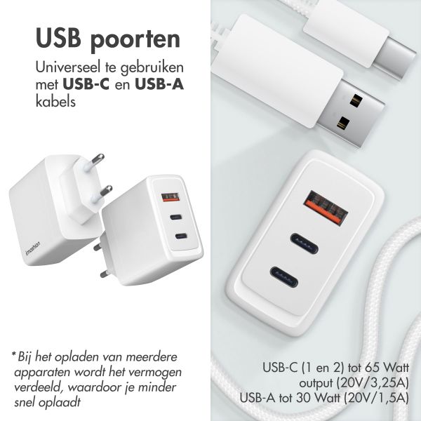 imoshion Wall Charger 65 Watt | 2x USB-C + 1x USB-A - Wit