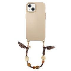 Selencia Rivièra MagSafe Backcover met afneembare haakjes voor de Apple iPhone 15 - Milky Latte + Satin Stone Polskoord - Brown
