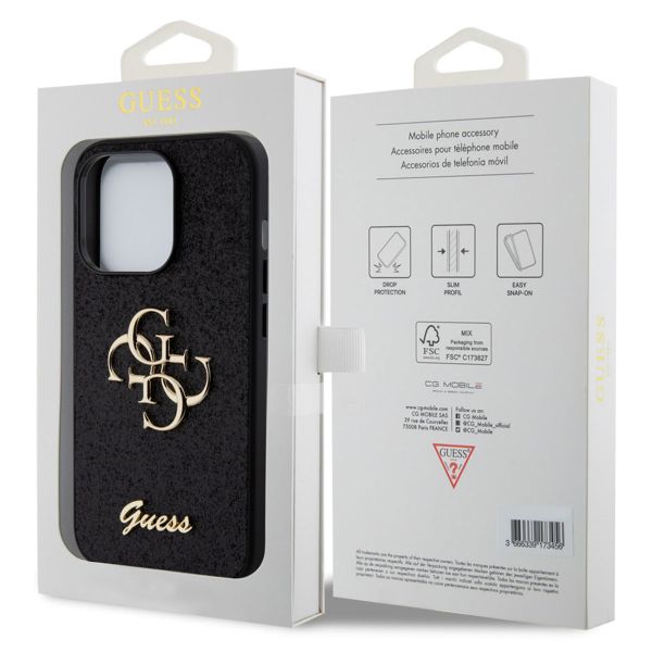 Guess 4G Metal Logo Glitter Backcover iPhone 15 Pro - Zwart