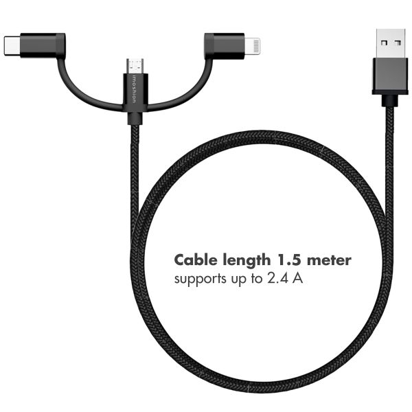 imoshion 3-in-1 kabel - Lightning, USB-C en Micro-USB kabel - Gevlochten textiel - 1,5 meter - Zwart