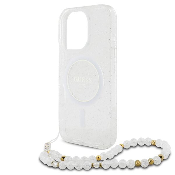 Guess MagSafe IML Glitter Case met beads strap iPhone 16 Pro - Transparent