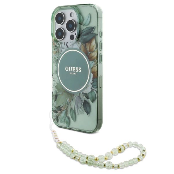 Guess MagSafe IML Flowers Case met beads strap iPhone 15 - Green