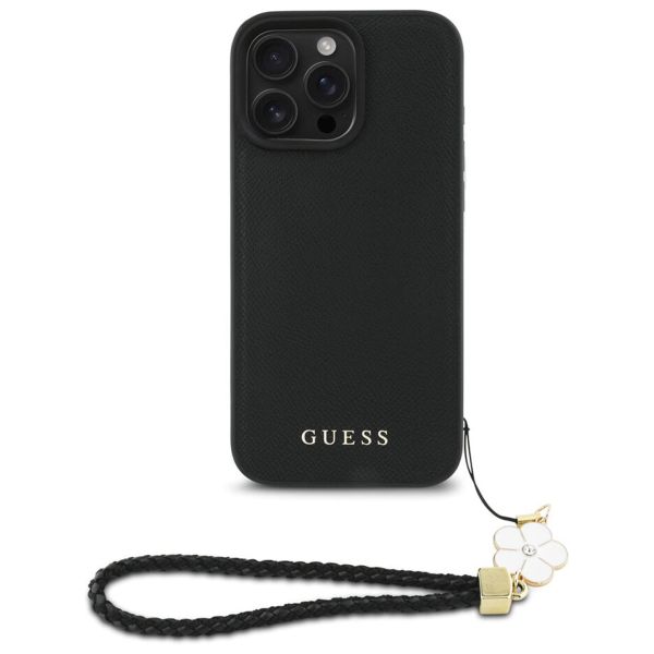 Guess Grained Backcover MagSafe met Flower Charm Strap iPhone 16 Pro - Zwart