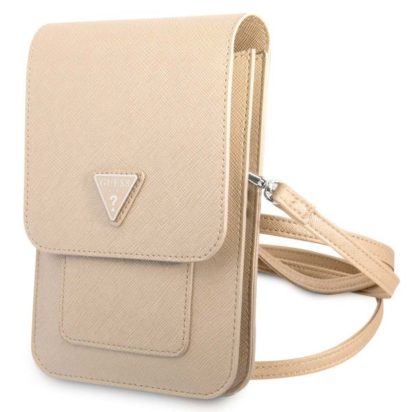 Guess Saffiano Triangle telefoontasje - Geschikt voor smartphones tot 7 inch - Beige
