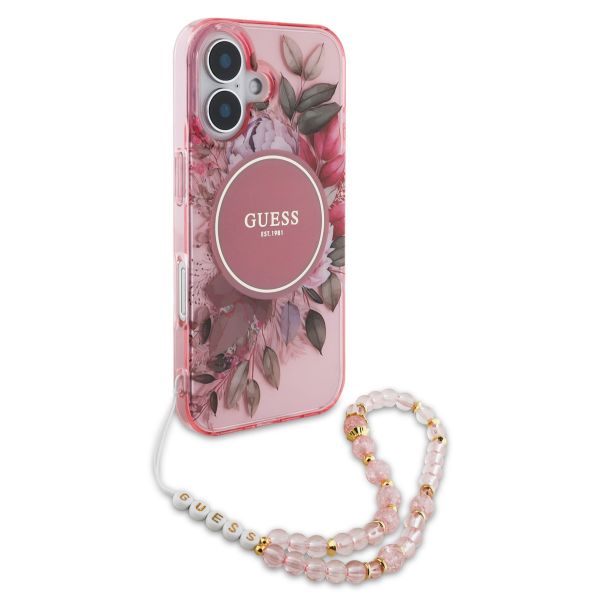 Guess MagSafe IML Flowers Case met beads strap iPhone 16 - Pink