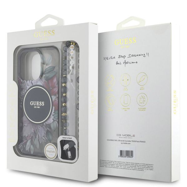 Guess MagSafe IML Flowers Case met beads strap Apple iPhone 15 Pro Max - Zwart