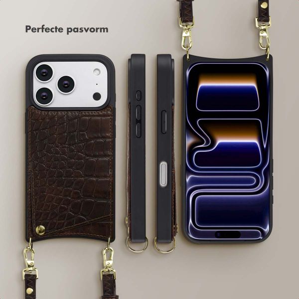 Selencia Nova Croco Telefoonhoes met Koord en Pashouder Apple iPhone 17 Pro - Choco Brown