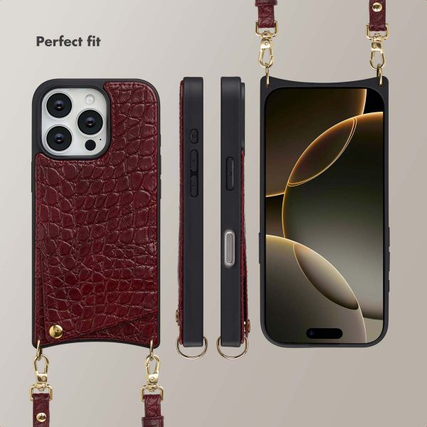 Selencia Nova Croco Phone Case with Cord and Card Holder Apple iPhone 16 Pro - Burgundy