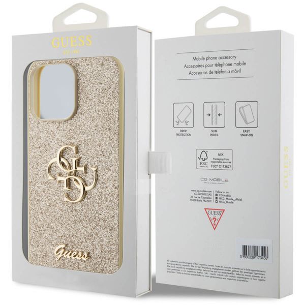 Guess 4G Metal Logo Glitter Backcover iPhone 15 Pro Max - Goud