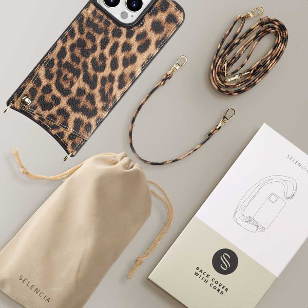 Selencia Nova Backcover met koord en pashouder iPhone 15 Pro Max - Leopard