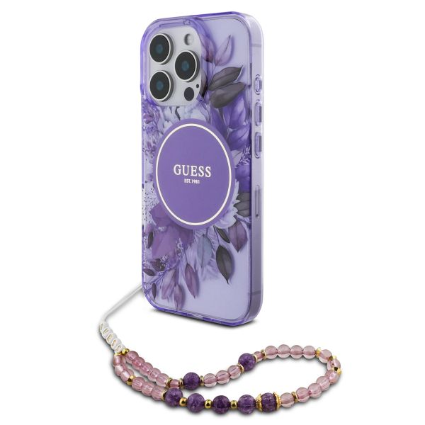 Guess MagSafe IML Flowers Case met beads strap iPhone 15 Pro - Purple