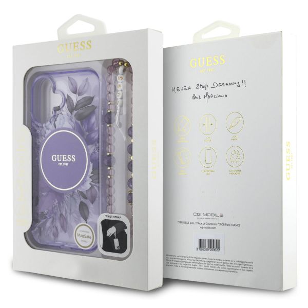 Guess MagSafe IML Flowers Case met beads strap Apple iPhone 16 - Purple