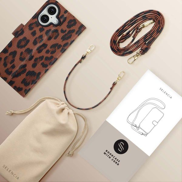 Selencia Sabi Bookcase with Leopard Print Apple iPhone 16 - Mocha Brown