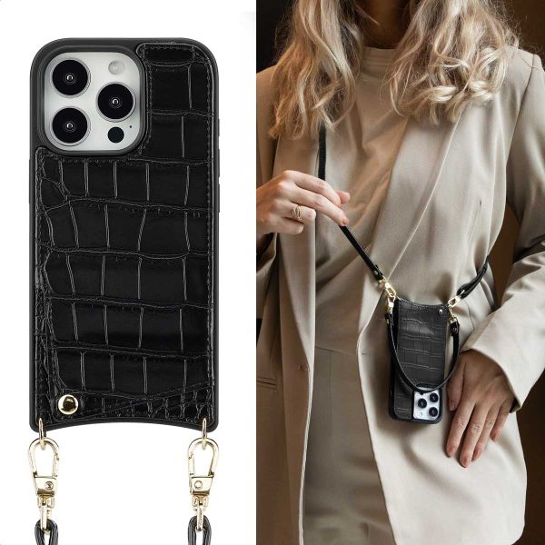 Selencia Nova Croco Telefoonhoes met Koord en Pashouder Apple iPhone 16 Pro - Zwart