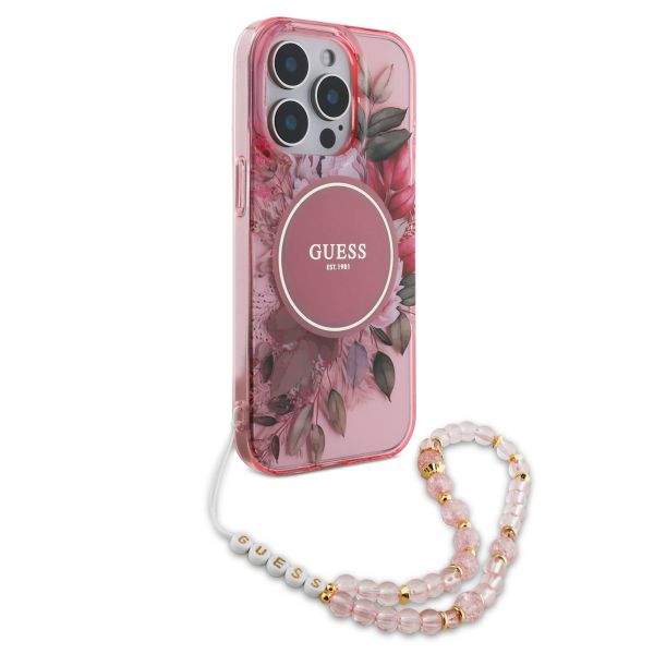 Guess MagSafe IML Flowers Case met beads strap Apple iPhone 15 Pro - Pink