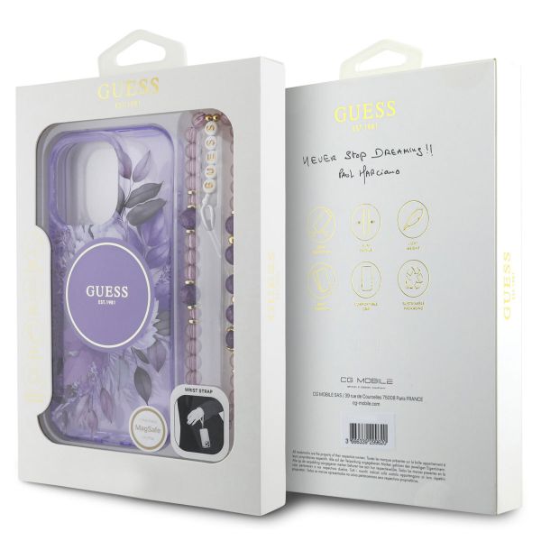 Guess MagSafe IML Flowers Case met beads strap Apple iPhone 16 Pro Max - Purple