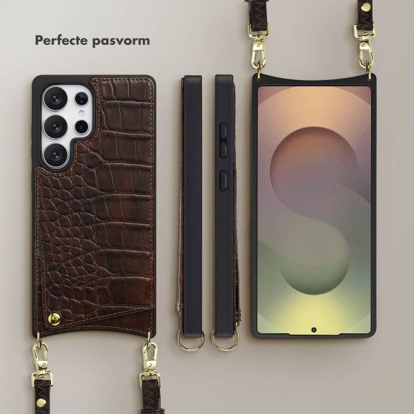 Selencia Nova Croco Telefoonhoes met Koord en Pashouder Samsung Galaxy S25 Ultra - Choco Brown