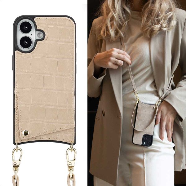 Selencia Nova Croco Phone Case with Cord and Card Holder Apple iPhone 16 - Beige