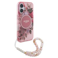 Guess MagSafe IML Flowers Case met beads strap Apple iPhone 16 - Pink