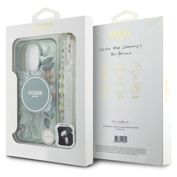 Guess MagSafe IML Flowers Case met beads strap iPhone 16 Pro Max - Green