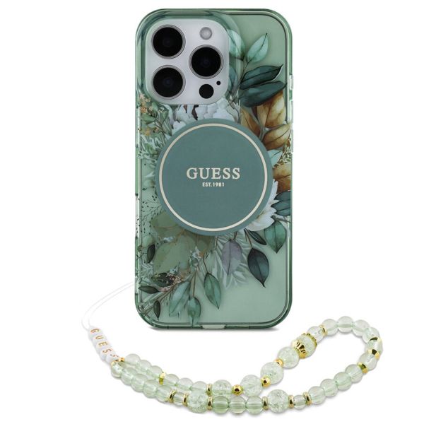 Guess MagSafe IML Flowers Case met beads strap iPhone 15 Pro Max - Green