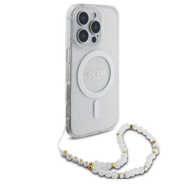 Guess MagSafe IML Glitter Case met beads strap Apple iPhone 16 Pro - Transparent