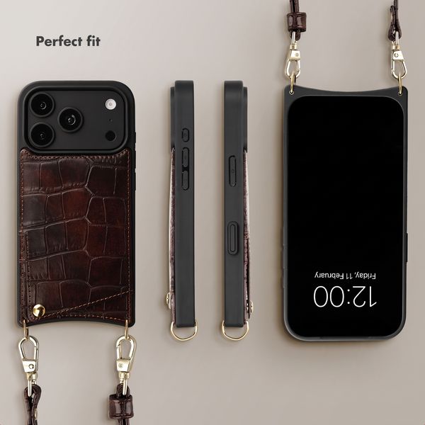 Selencia Nova Croco Phone Case with Cord and Card Holder Apple iPhone 18 Pro Max / 17 Pro Max - Choco Brown