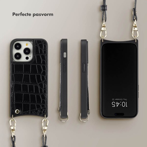 Selencia Nova Croco Backcover met koord en pashouder iPhone 14 Pro - Black