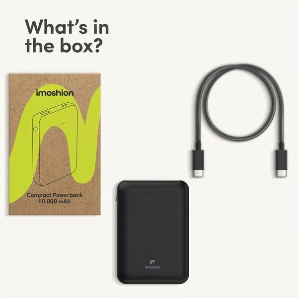 imoshion Compact Power Bank 10,000 mAh - Small power bank - 22.5W fast charger - USB-C / USB-A - Black