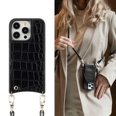 Selencia Nova Croco Backcover met koord en pashouder iPhone 14 Pro - Black