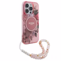 Guess MagSafe IML Flowers Case met beads strap Apple iPhone 15 Pro Max - Pink