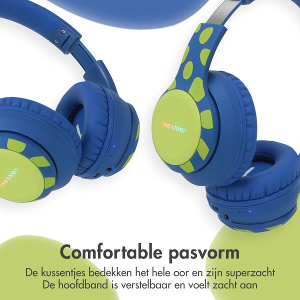 imoshion Kids Dino Bluetooth Headphones - Kinder koptelefoon met decibelbegrenzer - Draadloze koptelefoon + AUX kabel - Cobalt Blue / Lime