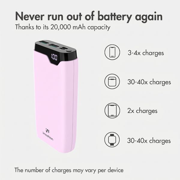 imoshion Power bank 20,000 mAh - 22.5W Fast charger - USB-C / USB-A - Pink
