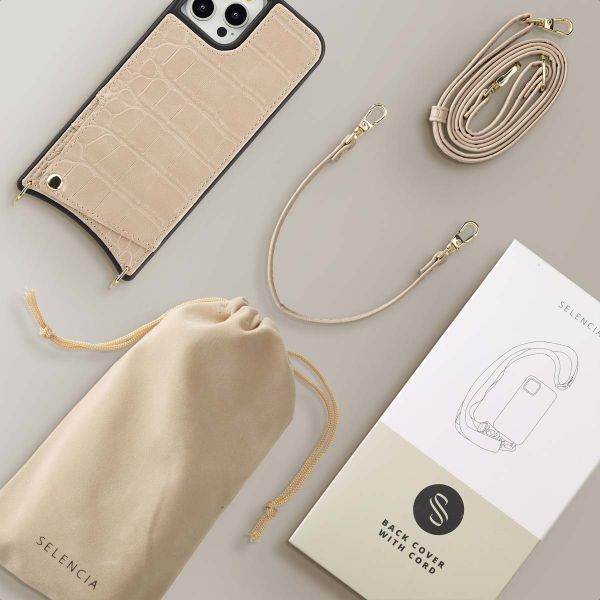 Selencia Nova Croco Phone Case with Cord and Card Holder Apple iPhone 12 (Pro) - Beige