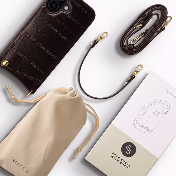 Selencia Nova Real Leather Backcover met Koord en Pashouder Apple iPhone 16 - Dark Chocolate