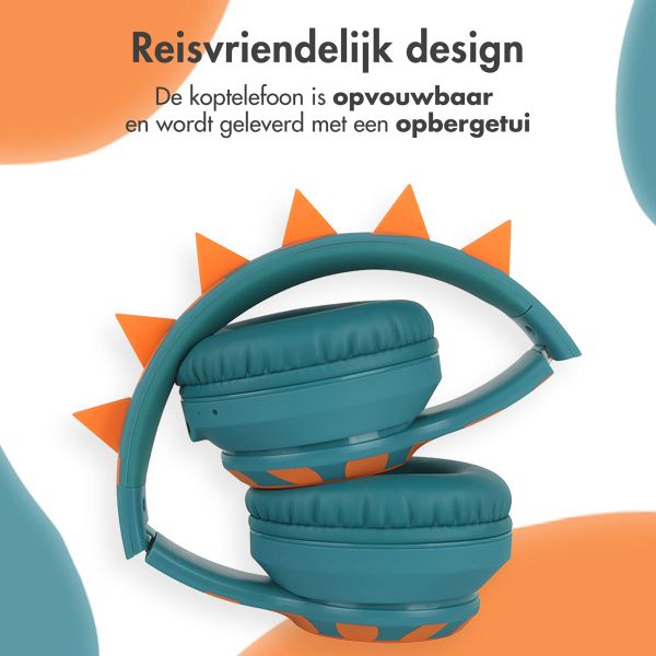 imoshion Kids Dino Bluetooth Headphones - Kinder koptelefoon met decibelbegrenzer - Draadloze koptelefoon + AUX kabel - Petrol Green / Orange