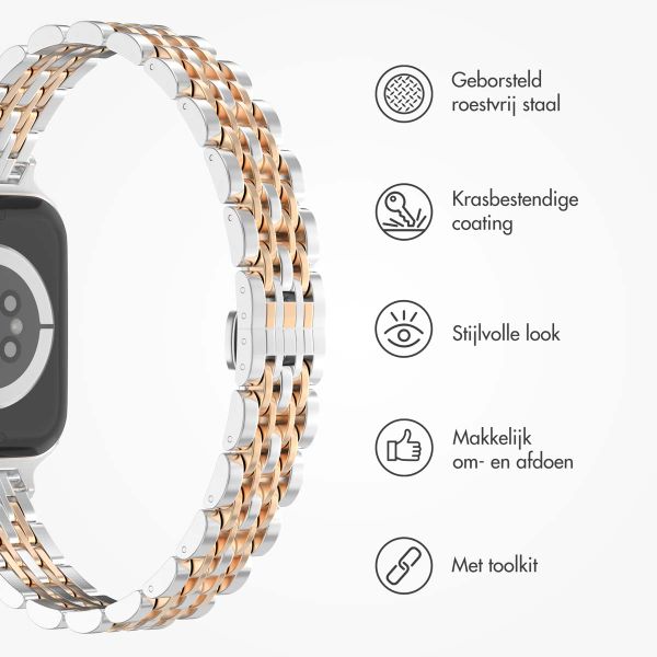 Selencia Slim Steel Jubilee Inspired schakelbandje Apple Watch Series 1 t/m 9 / SE (38/40/41 mm) | Series 10 / 11 (42 mm) - Zilver & Rosé Goud