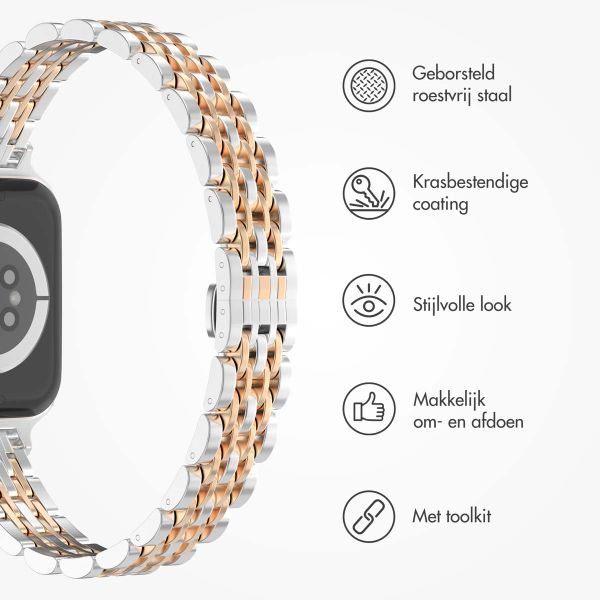 Selencia Slim Steel Jubilee Inspired schakelbandje Apple Watch Series 1 t/m 9 / SE (38/40/41 mm) | Series 10 (42 mm) - Zilver & Rosé Goud