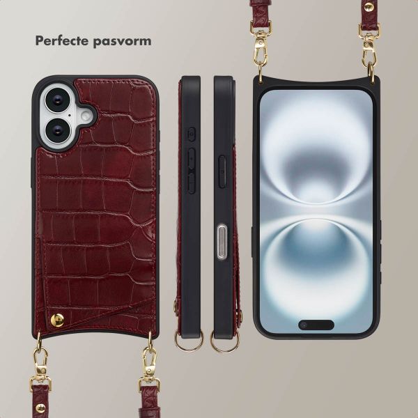 Selencia Nova Croco Telefoonhoes met Koord en Pashouder Apple iPhone 16 - Burgundy